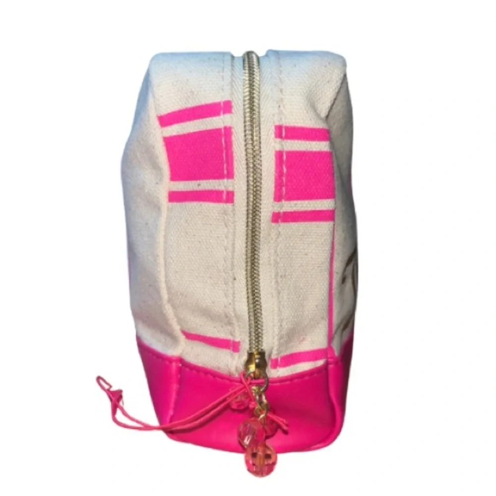 NWT Juicy Couture Cream & Pink Striped Cosmetic Bag - Beaded Zip Tab